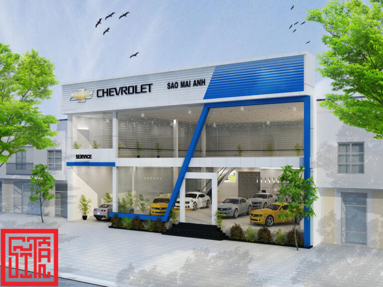 Thiết kế mặt tiền showroom Chevrolet Sao Mai Anh – phong cách hiện đại tại Nha Trang.