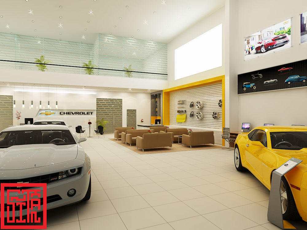 Tổng thể không gian showroom Chevrolet – hiện đại, sang trọng và hiệu quả trưng bày cao.
