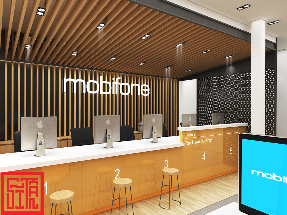 Thiết kế trần lam gỗ kết hợp ánh sáng âm trần tạo điểm nhấn cho khu vực thu ngân Mobifone.
