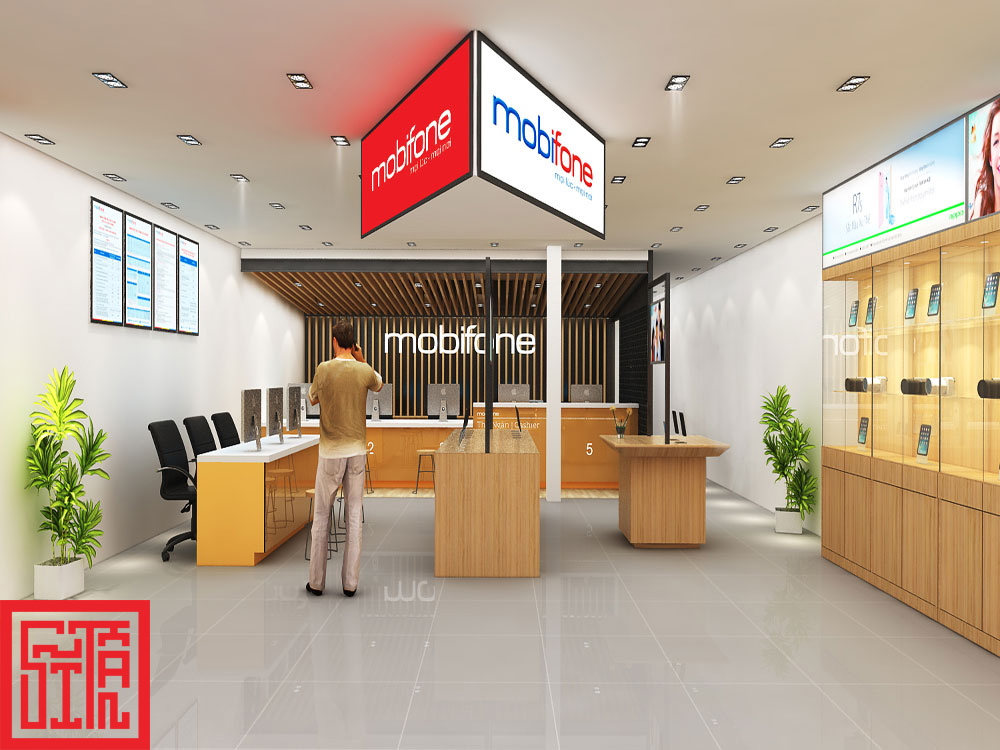 Thiết kế không gian giao dịch showroom Mobifone hiện đại, tông màu vàng – trắng chủ đạo.

