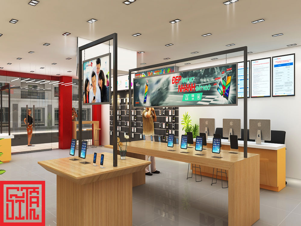 Bố trí quầy trưng bày điện thoại Mobifone và khu vực tư vấn khách hàng hài hòa và tiện nghi.