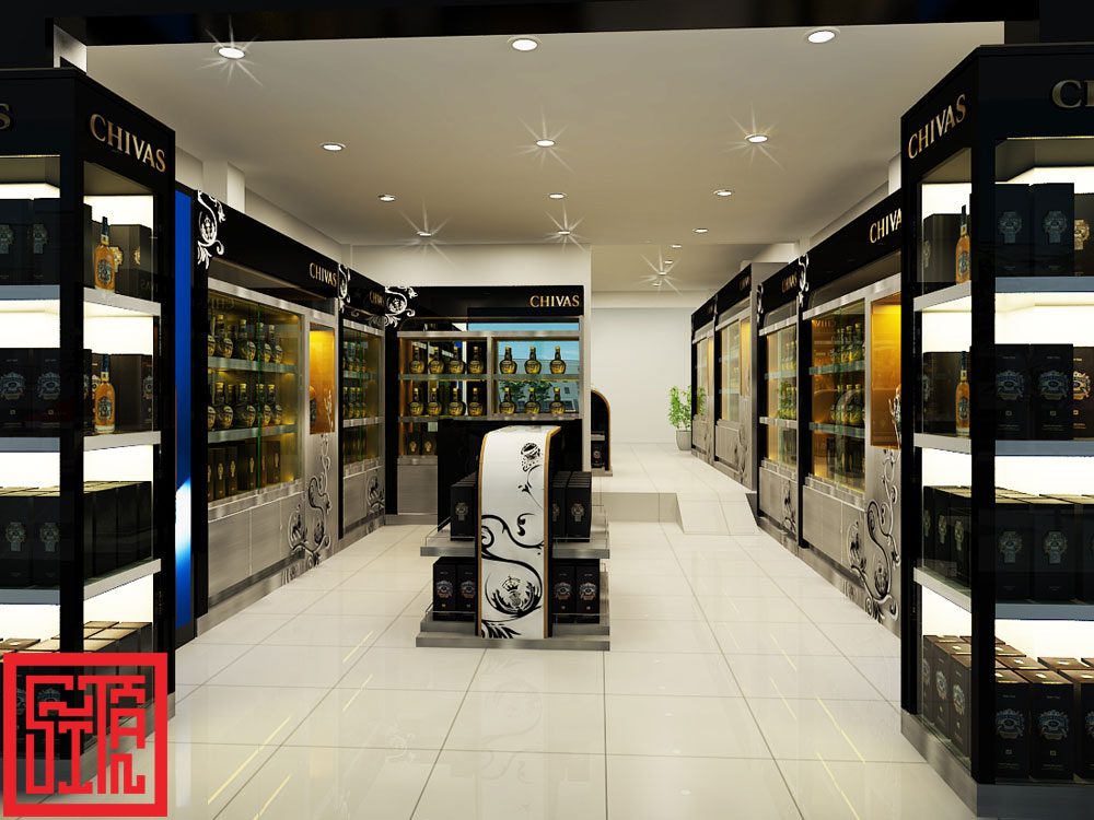 Không gian nội thất showroom Chivas với ánh sáng vàng sang trọng.