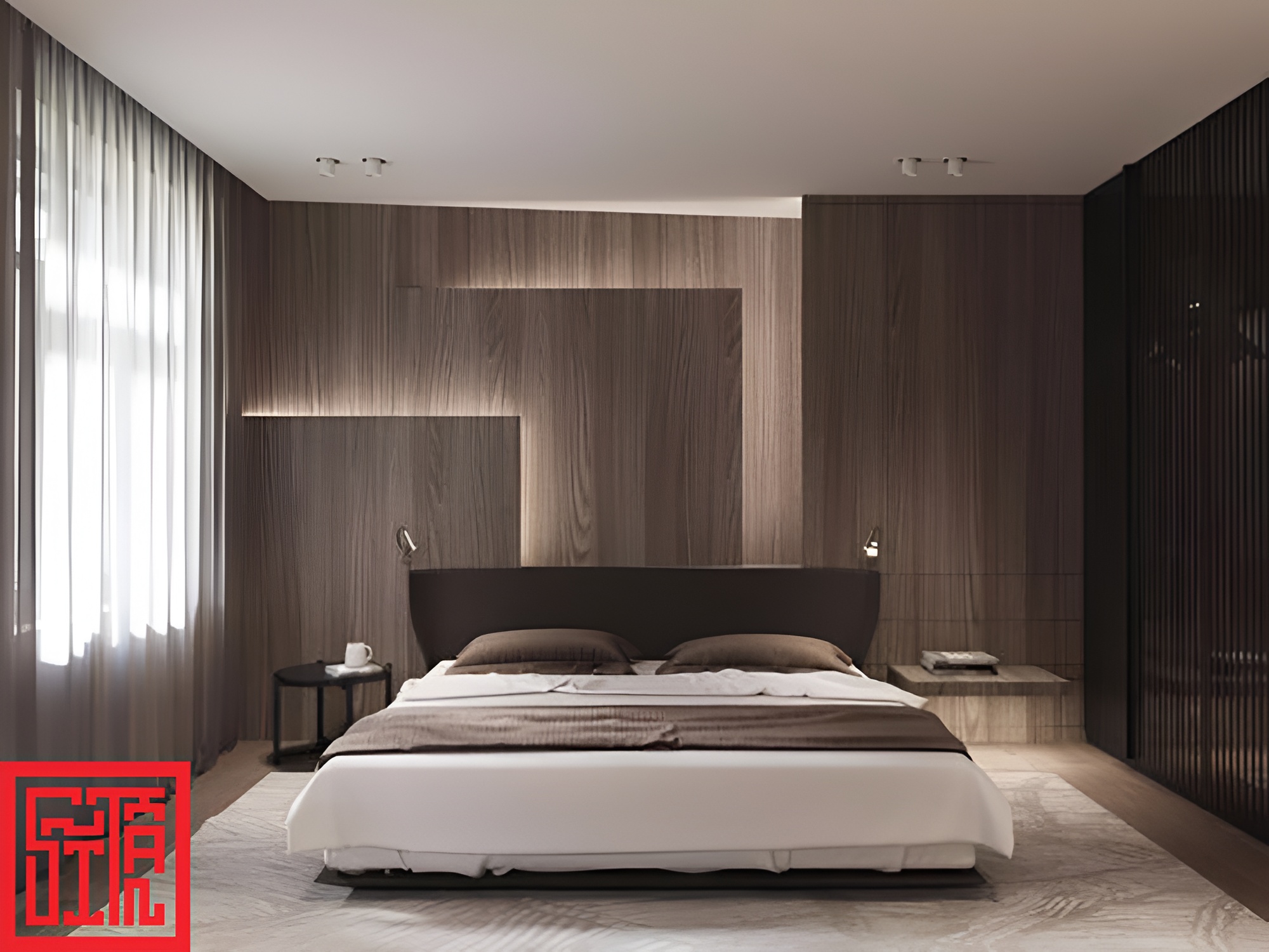 Không gian phòng ngủ khách sạn hiện đại với nội thất gỗ và ánh sáng tự nhiên 