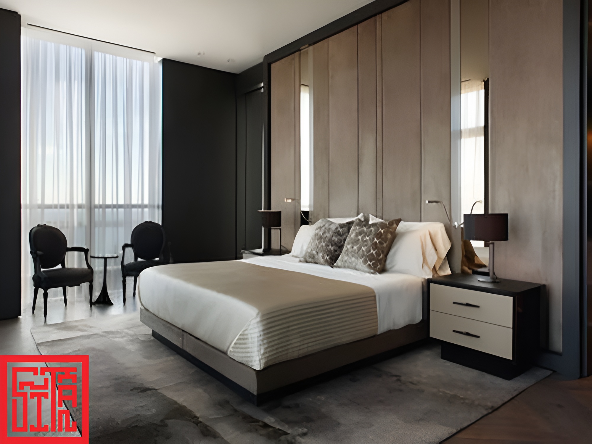 Phòng ngủ khách sạn phong cách Á Đông với nội thất gỗ và ánh sáng dịu nhẹ 