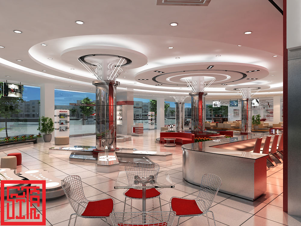 thiết kế khu vực trưng bày showroom Honda Bắc Ninh hiện đại, tinh tế.