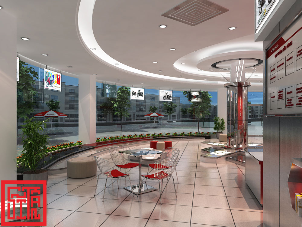 thi công nội thất showroom Honda ánh sáng trắng kết hợp kim loại sáng bóng. 