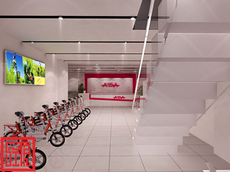 Thiết kế không gian showroom AIMA khoa học, thoáng sáng.