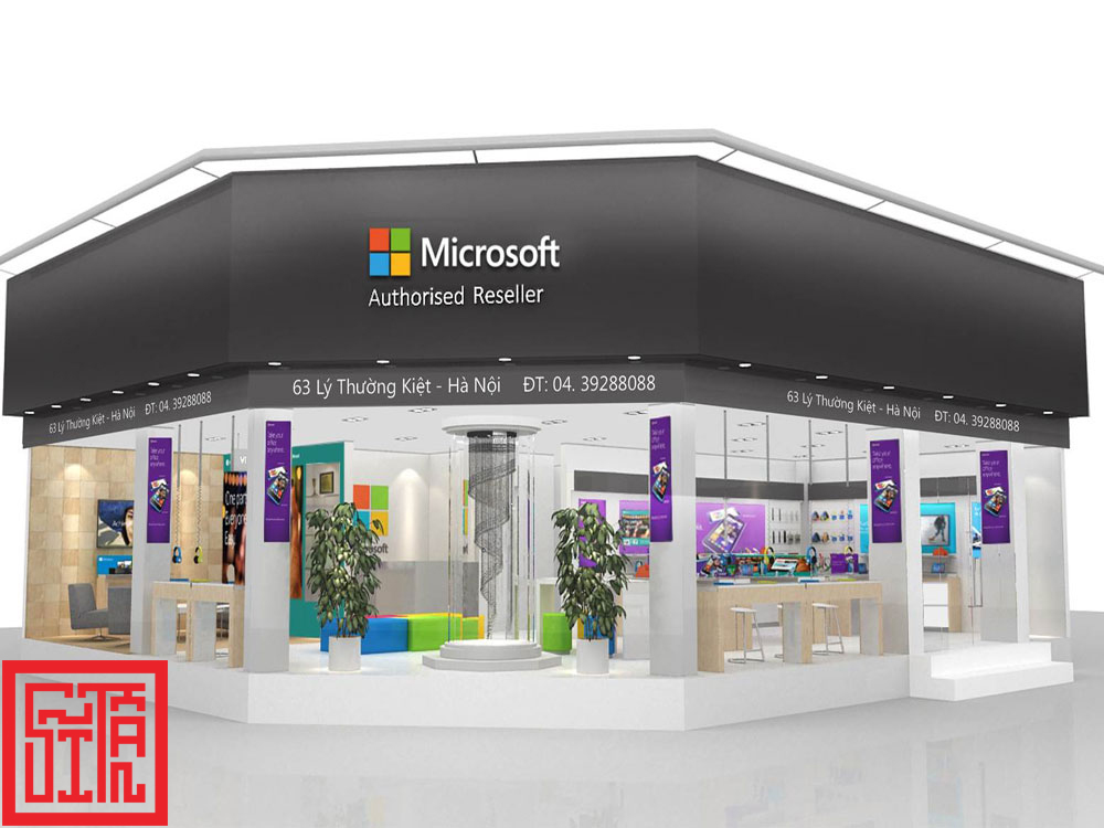 Thiết kế mặt tiền cửa hàng Microsoft tại 63 Lý Thường Kiệt, Hà Nội do Nội thất Sĩ Tấn thi công, phong cách hiện đại và tinh tế.