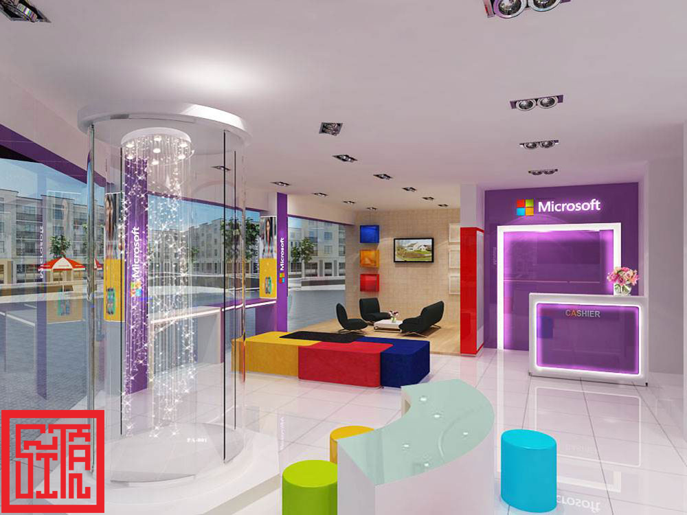 Nội thất sảnh và quầy lễ tân cửa hàng Microsoft được Sĩ Tấn thiết kế theo tông màu nhận diện thương hiệu công nghệ.