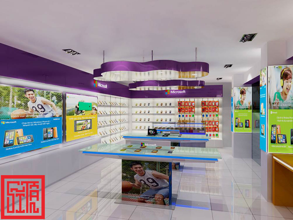 Thiết kế nội thất tổng thể showroom Microsoft tại Hà Nội do Nội thất Sĩ Tấn thi công, kết hợp thẩm mỹ và hiệu quả sử dụng.