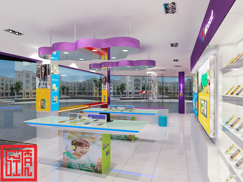 Không gian trưng bày và trải nghiệm sản phẩm công nghệ tại showroom Microsoft Hà Nội, do Sĩ Tấn thiết kế thi công trọn gói.