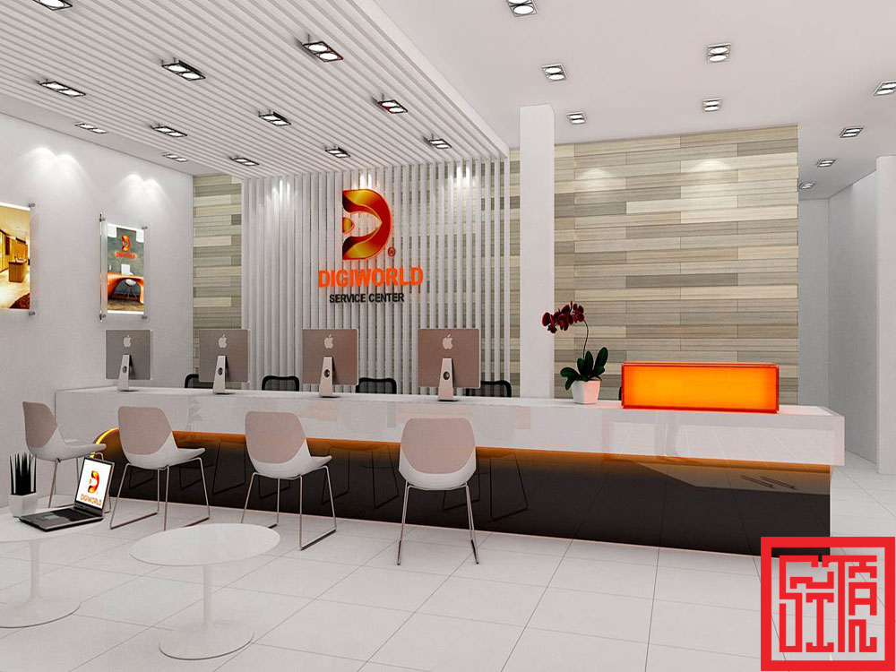Thiết kế ánh sáng và vật liệu tường trong showroom Digiworld phối gỗ xám sáng.