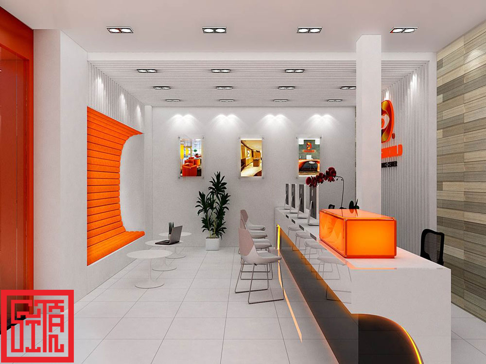 Không gian lễ tân trung tâm bảo hành Digiworld với trần lam trắng và bàn tiếp đón hiện đại.
