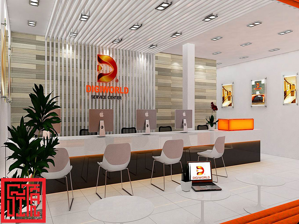 Logo nổi Digiworld phát sáng và khu vực làm việc đồng bộ màu thương hiệu