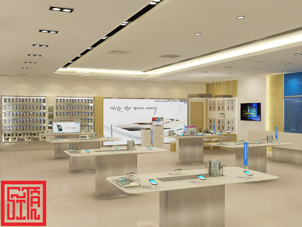 Thiết kế không gian trưng bày Samsung Vincom B với hệ thống bàn trải nghiệm hiện đại và ánh sáng chiếu điểm.