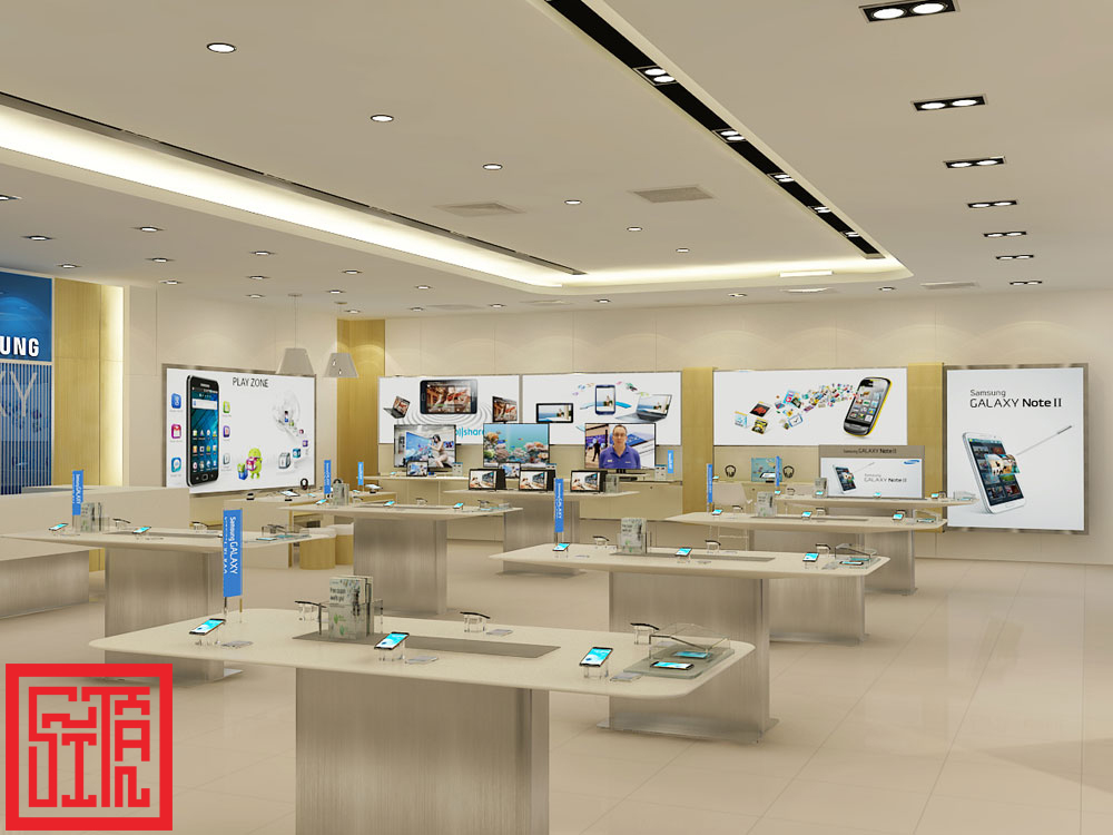 Thi công nội thất showroom Samsung Vincom B với phong cách hiện đại, sử dụng ánh sáng và vật liệu cao cấp.