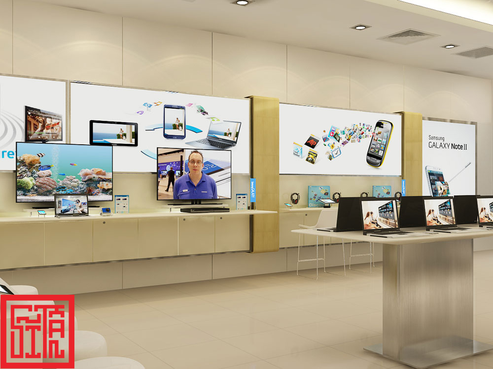 Thi công nội thất showroom Samsung tại Vincom B với vật liệu gỗ MDF phủ melamine và kính cường lực.