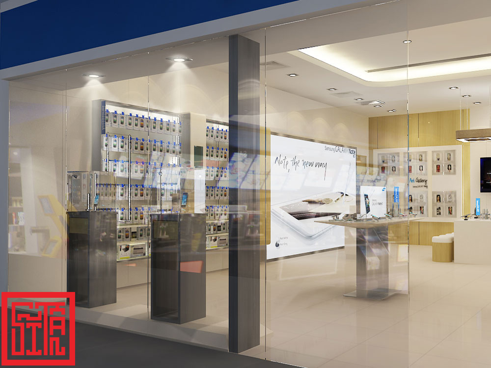 Không gian thi công nội thất showroom Samsung do Sĩ Tấn thực hiện với hệ thống đèn LED chiếu sáng hiện đại.