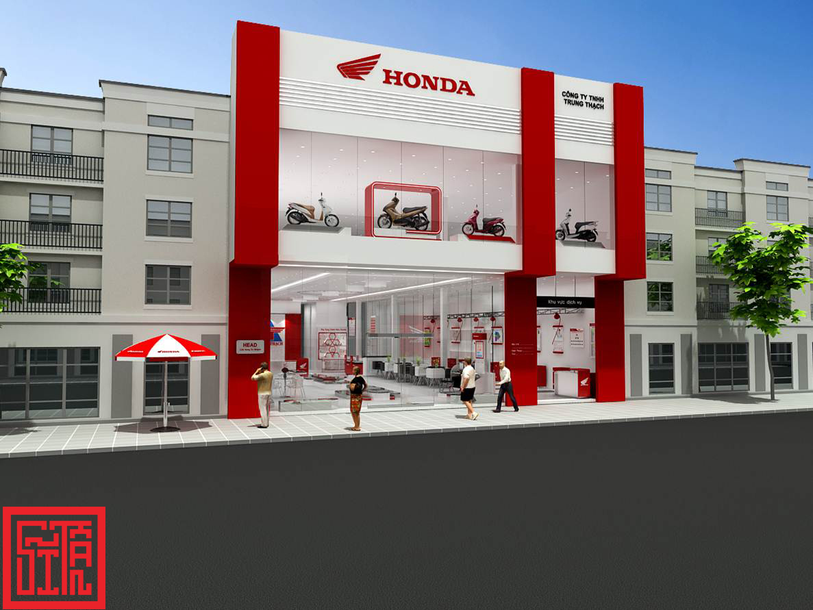 Mặt tiền showroom Honda Trung Thạch – Bình Phước do Sĩ Tấn thiết kế & thi công, nổi bật với gam màu đỏ trắng đặc trưng thương hiệu.