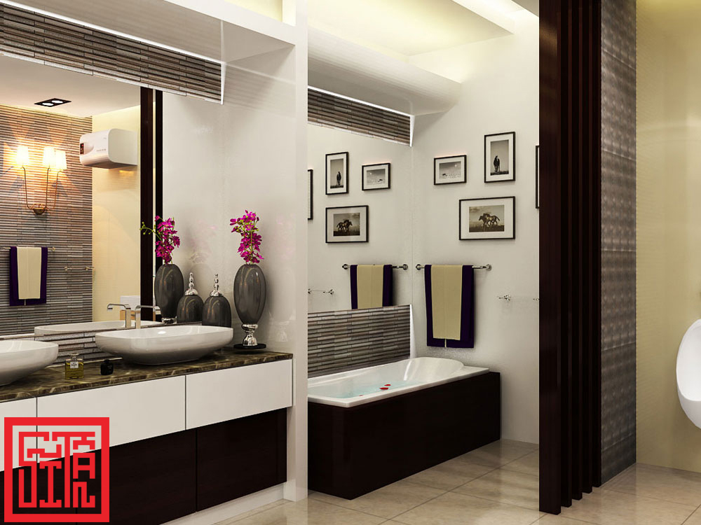 Khu vực lavabo thiết kế tinh gọn với gạch ốp tường đồng bộ.