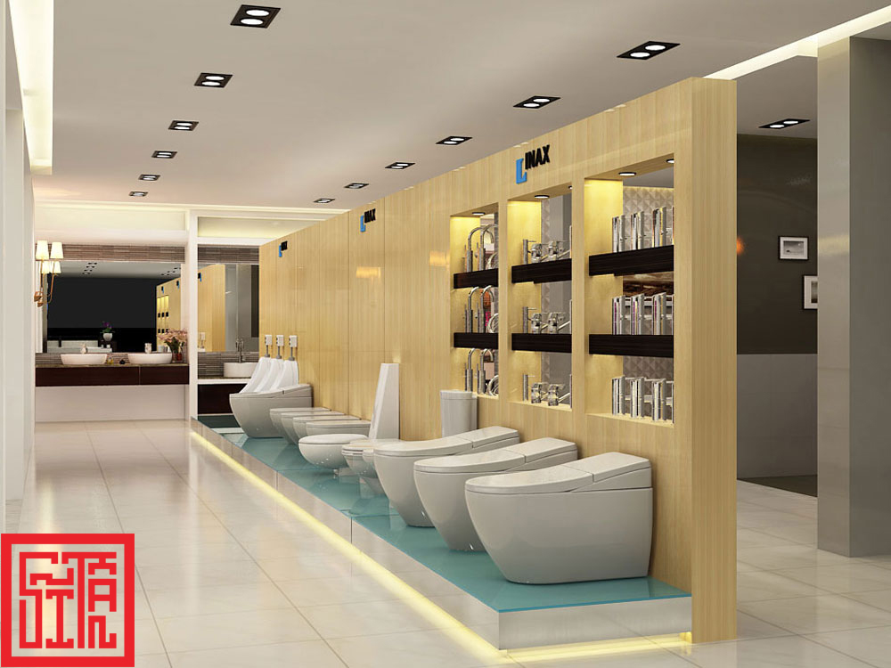 Khu trưng bày bồn cầu Inax với ánh sáng dịu và sắp xếp khoa học.