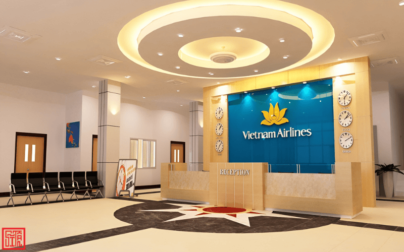 Khu vực lễ tân Vietnam Airlines thiết kế bởi Sĩ Tấn – sang trọng, nhận diện rõ thương hiệu