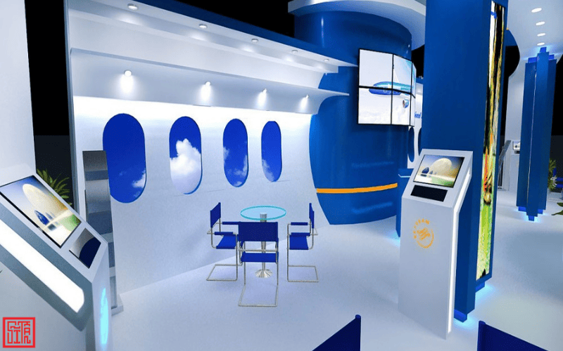 Nội thất gian hàng Vietnam Airlines – thiết kế mô phỏng khoang máy bay, ánh sáng hiện đại