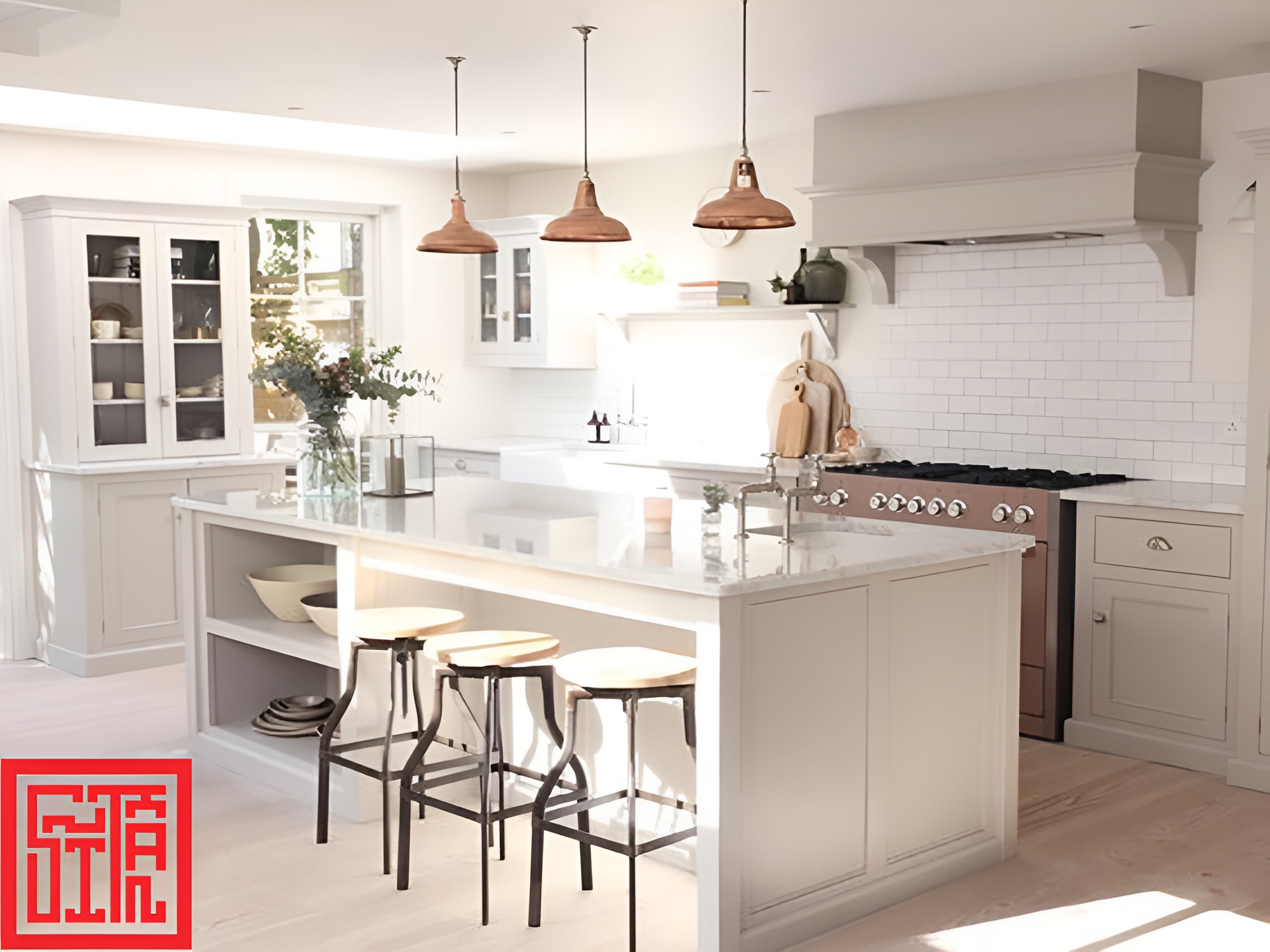 thi công nội thất phòng ăn hiện đại, bàn đảo trung tâm tiện nghi 