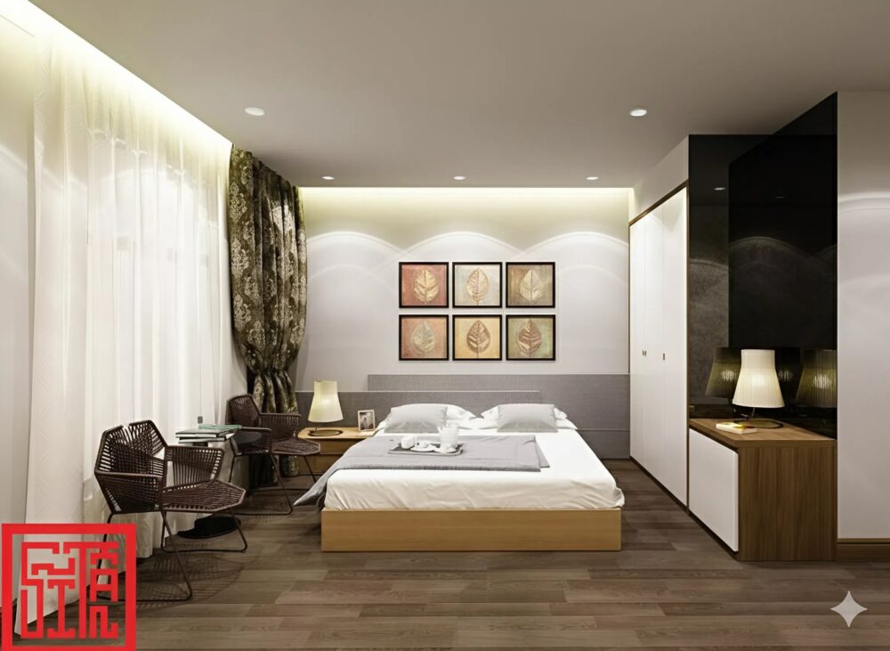 Nội thất phòng ngủ khách sạn Vũ Minh với gam màu sáng tinh tế.