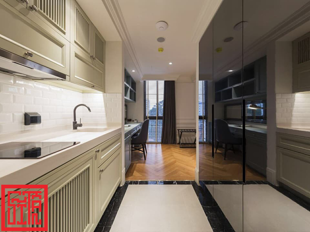 Phòng bếp khách sạn Bach Suites Saigon do Sĩ Tấn thi công hoàn thiện.