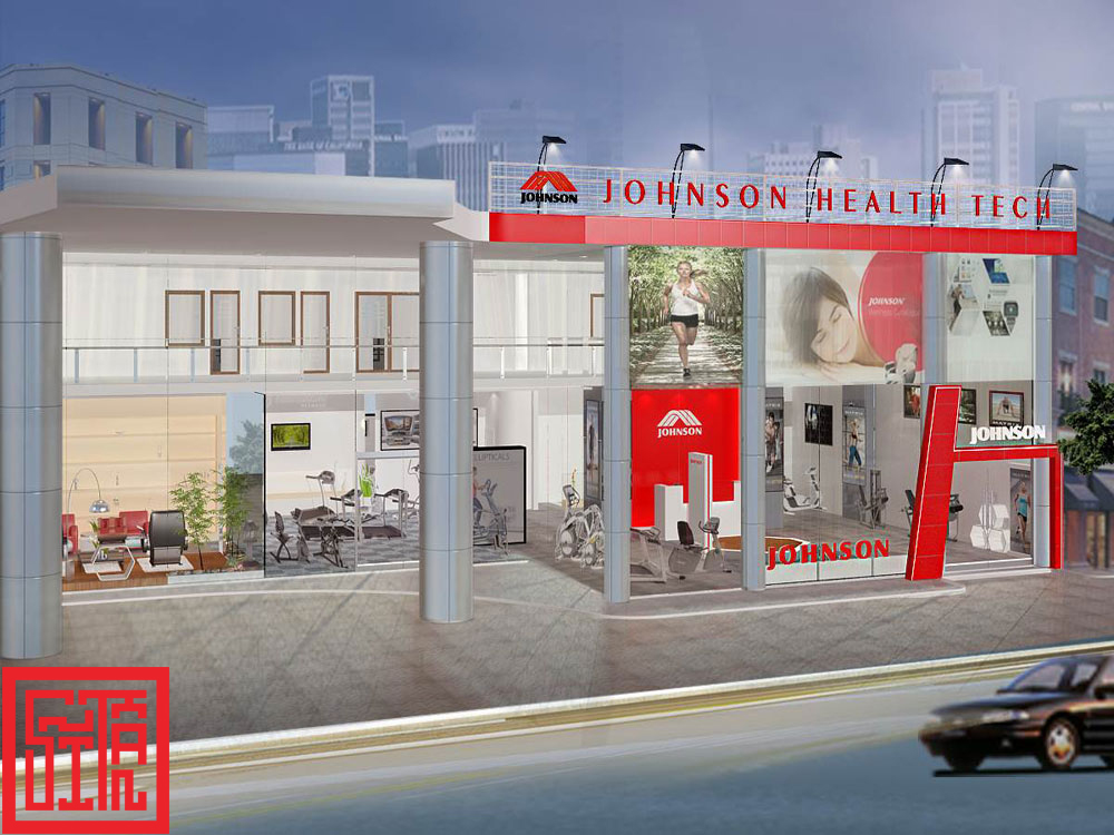 Thiết kế mặt tiền showroom Johnson Health Tech tại Hà Nội với phong cách hiện đại và năng động.