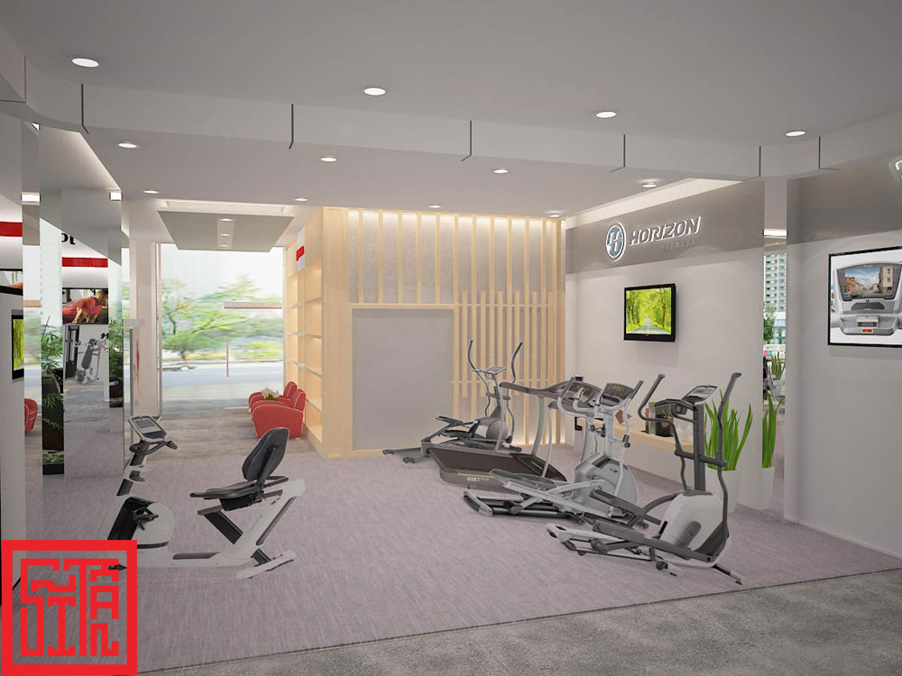 Bố trí khu vực trưng bày thiết bị thể dục Johnson Health Tech hiện đại và ngăn nắp.
