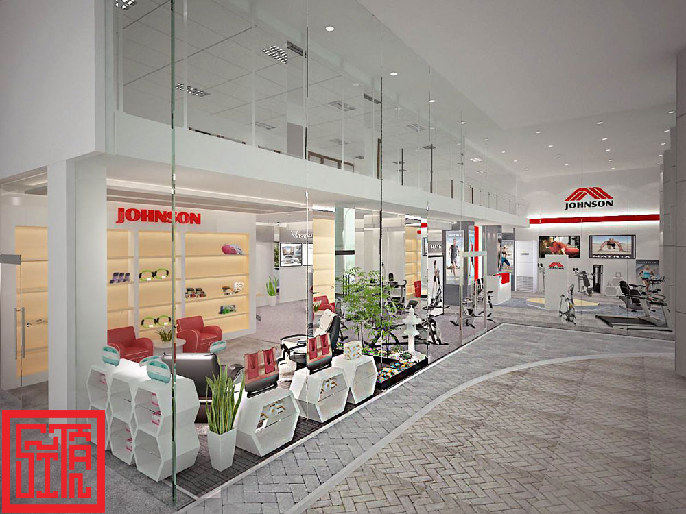 Thiết kế khu vực lễ tân và tiếp khách showroom Johnson Health Tech sang trọng và gọn gàng