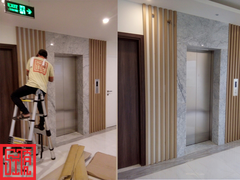 Lam gỗ chống cháy kết hợp ốp đá tự nhiên – điểm nhấn sang trọng, đạt chuẩn an toàn PCCC.