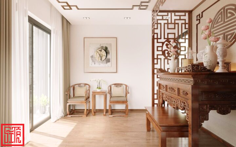 Bàn thờ gỗ tự nhiên trang nghiêm trong căn hộ hiện đại
