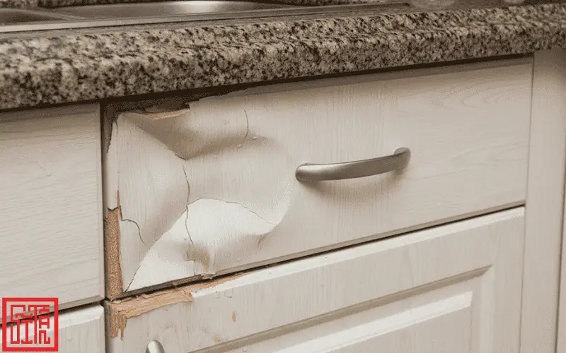 Gỗ MDF bị phồng cạnh do thi công sai quy trình.